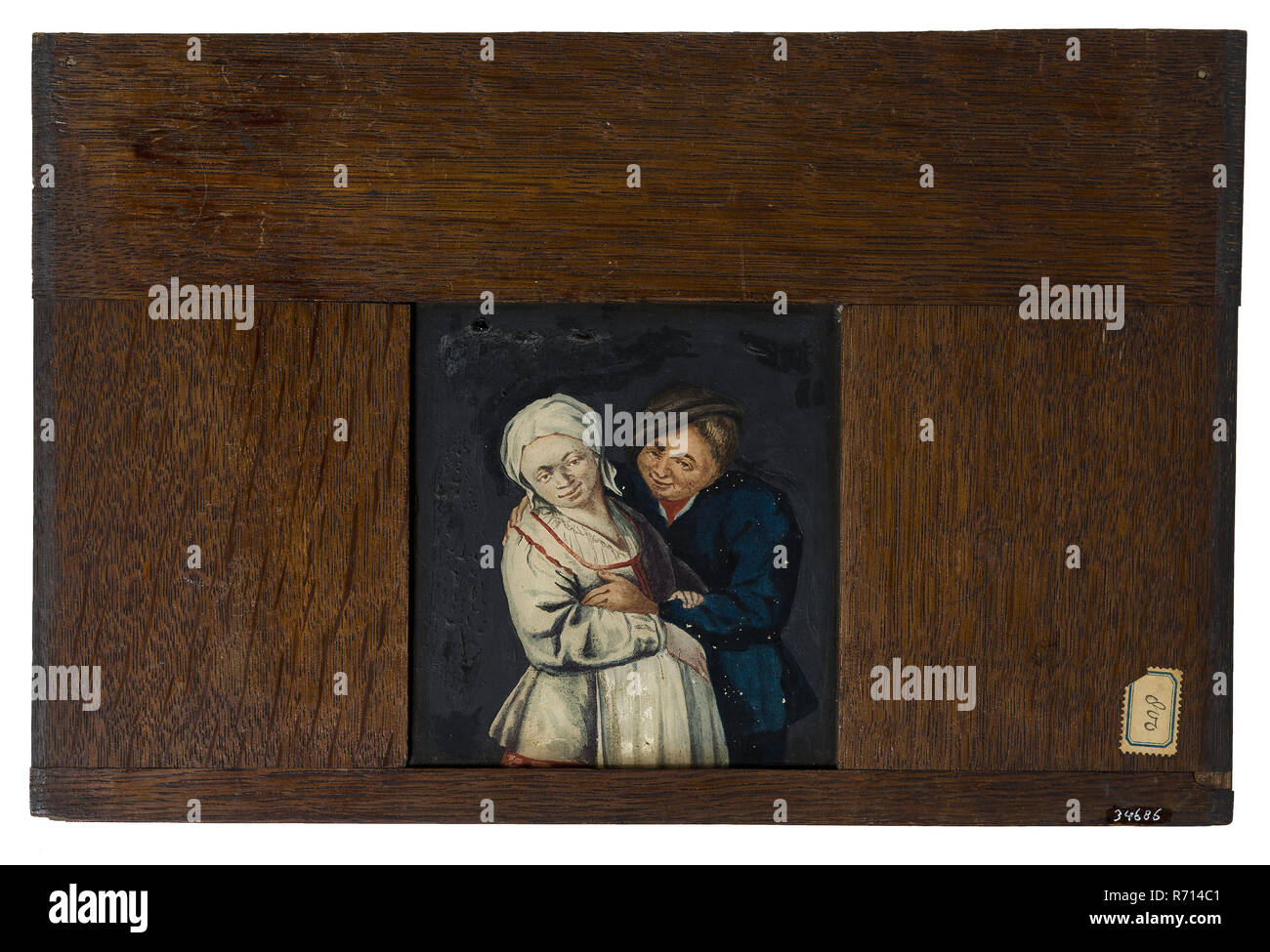 Hand-painted glass plate in wooden frame for illumination cabinet, image of approach man at woman, slideshelf slideshoot pictures glass paint wood oak leg, dimensions) handpainted Hand-painted glass for illumination cabinet in wide oak frame The frame is rejuvenated on the sides and shows wear and discolouration: the plates were pushed into an illumination cabinet from above. At the back left and right above two small legs fastening points for the illumination cabinet. Image of pregnant woman who is approached by man in black optics folk life Stock Photo