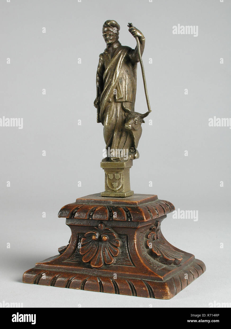 Copper Statue Of St Lucas With Beef On Wooden Stand Wood Carving Sculpture Sculpture Wood Copper Pedestal Two Identical Copper Statues Of St Lucas With Cow On Wooden Stand With Carved Ornaments