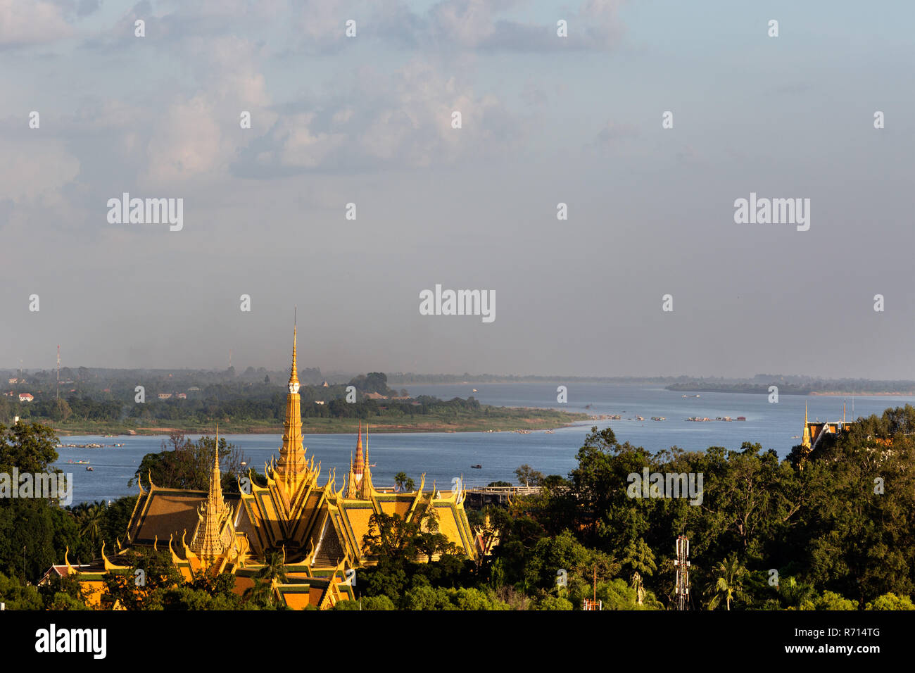 View on the Royal Palace, the Tonle Sap River and the Mekong, cityscape, Phnom Penh, Cambodia Stock Photo