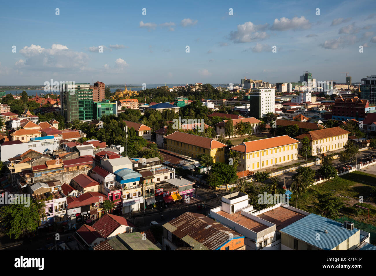 View on Sisovat college, behind the Tonle Sap and Mekong rivers, cityscape, Phnom Penh, Cambodia Stock Photo