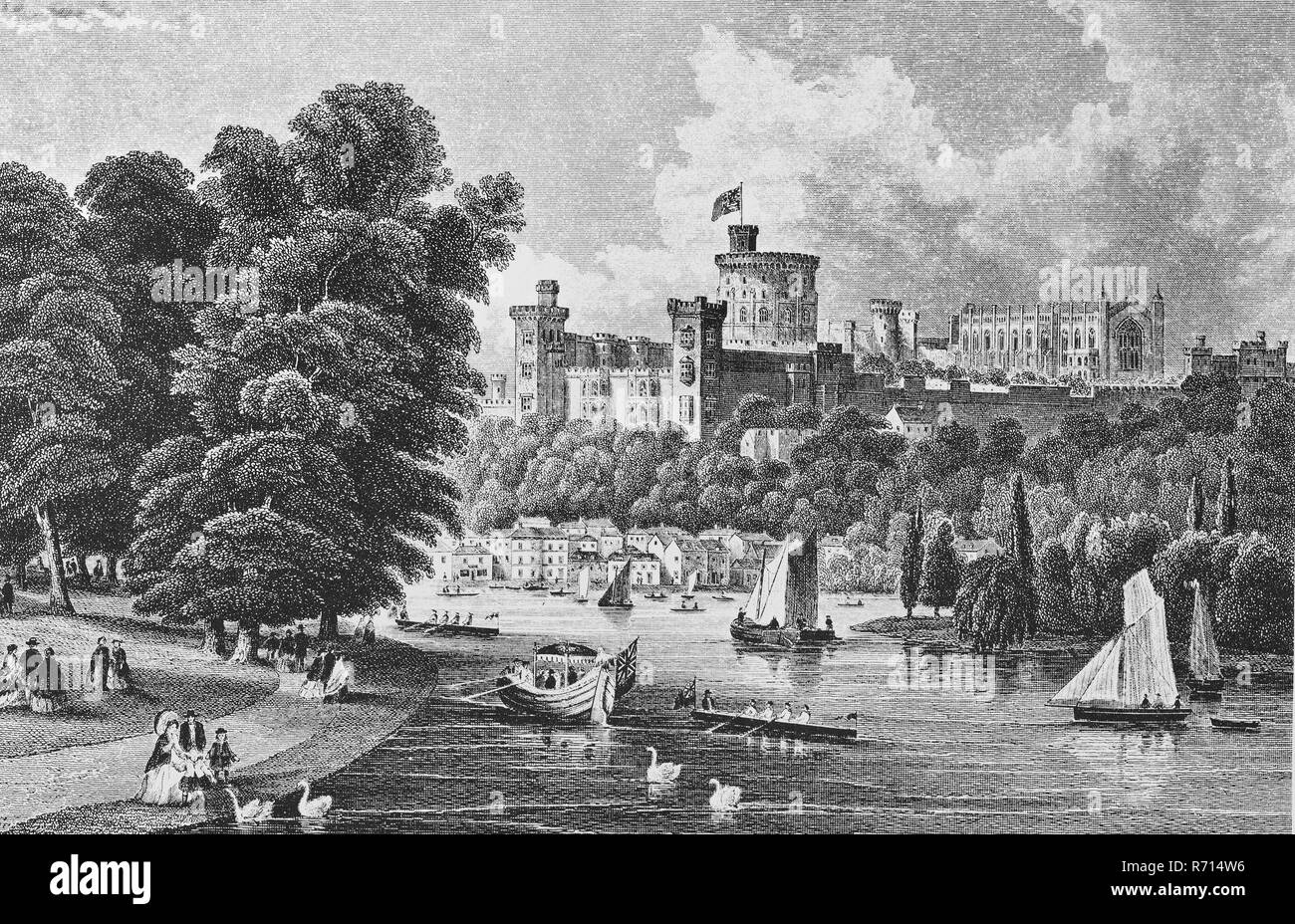 Historic cityscape, steel engraving, Windsor Castle around 1855, Windsor, United Kingdom Stock Photo