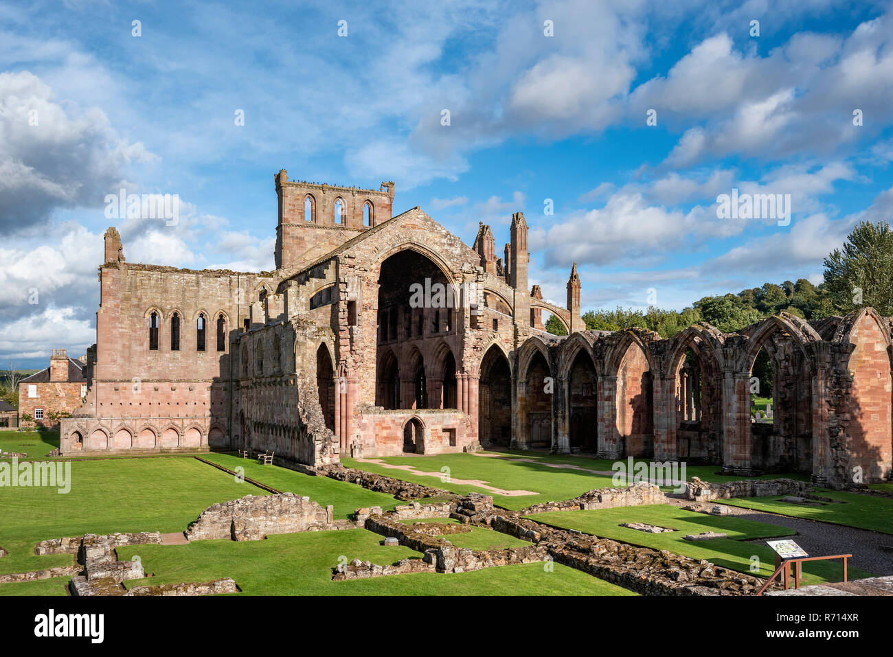 Ruin of the Cistercian monastery Melrose Abbey, Melrose, Scottish Borders, Scotland, Great Britain Stock Photo