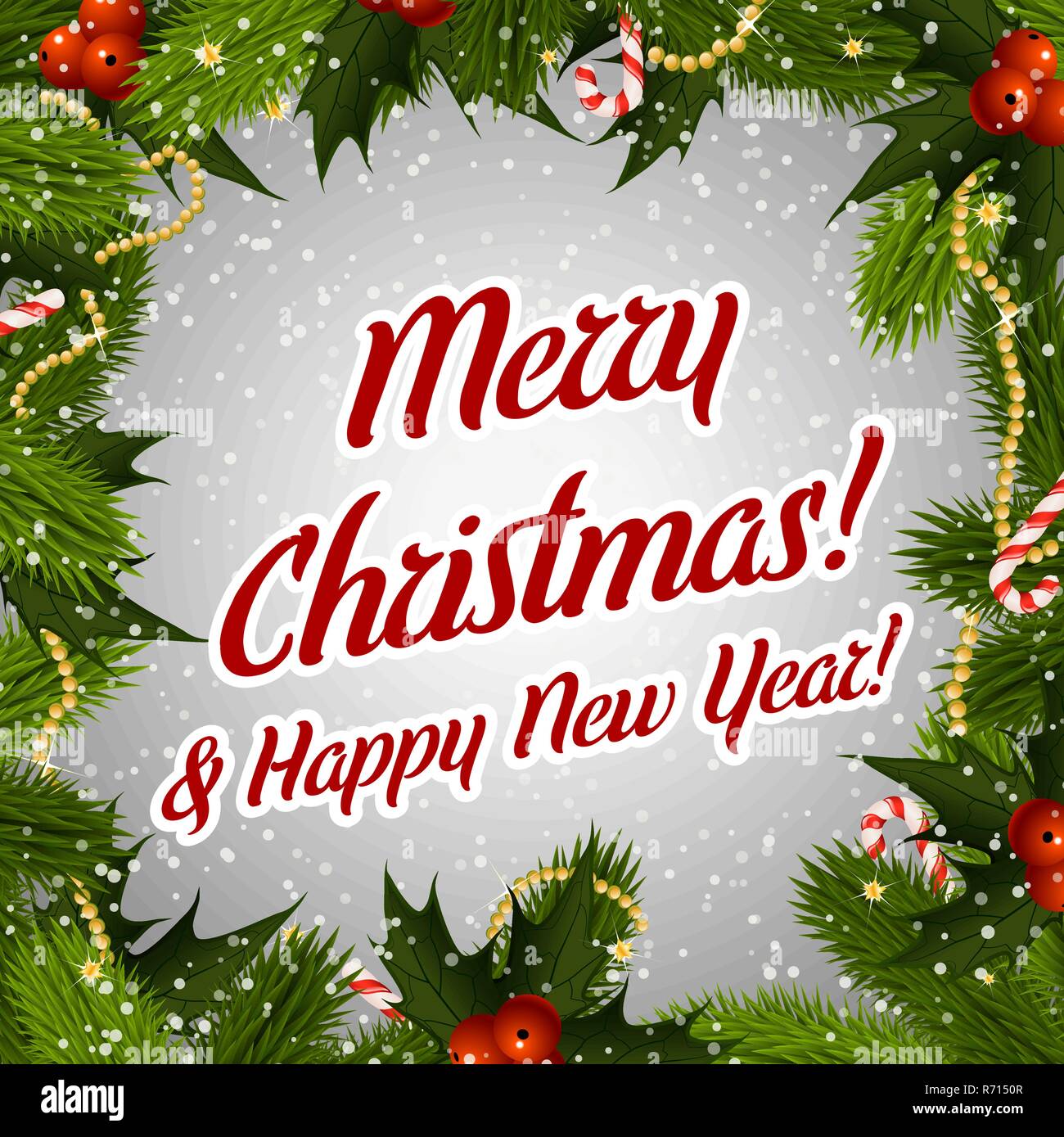 Merry Christmas Greeting Card Decorated Fir Tree Framing Stock Vector ...