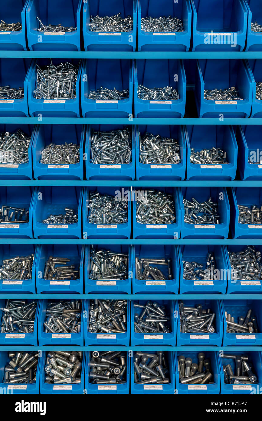 Cylinder screws, screws sorted in a shelf in a workshop, Bavaria, Germany Stock Photo