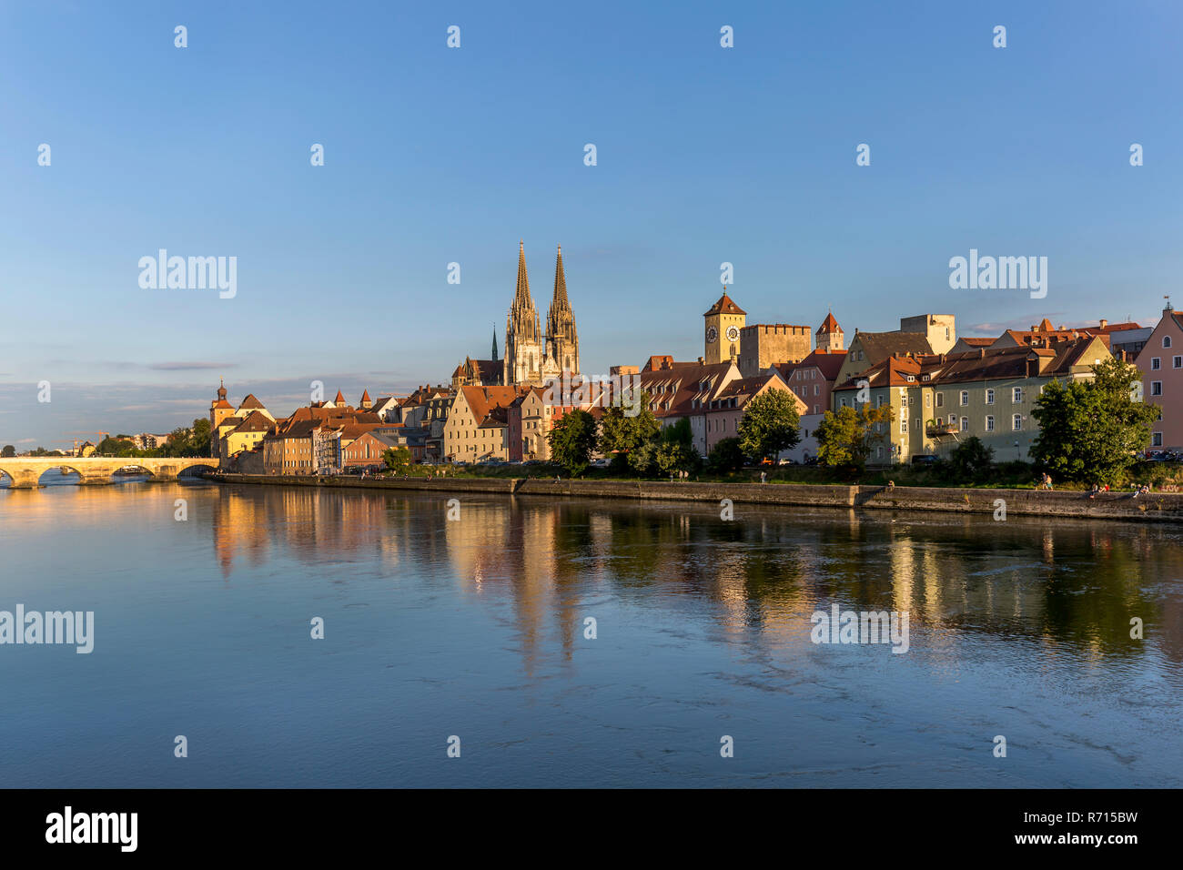 Old Town with the Stone Bridge and St. Peter's Cathedral on the Danube River, Regensburg, Bavaria, Germany Stock Photo