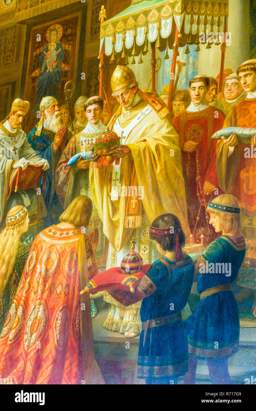 Imperial Hall, mural of Heinrich II and wife Kunigunde being crowned by Pope Benedict VIII, Imperial Palace, Kaiserpfalz Stock Photo
