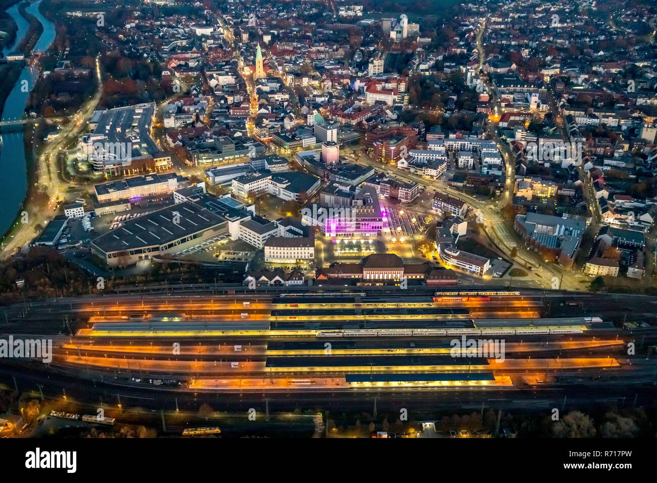 Aerial view, city center, night photo with central station, Hamm, Ruhr area, North Rhine-Westphalia, German Stock Photo