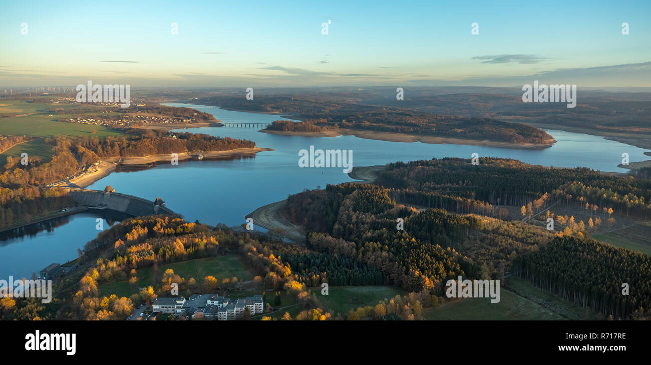 Aerial view, low water in the Möhnesee reservoir with dam wall, wide shore area, Arnsberger Wald nature park Park, Möhnesee Stock Photo