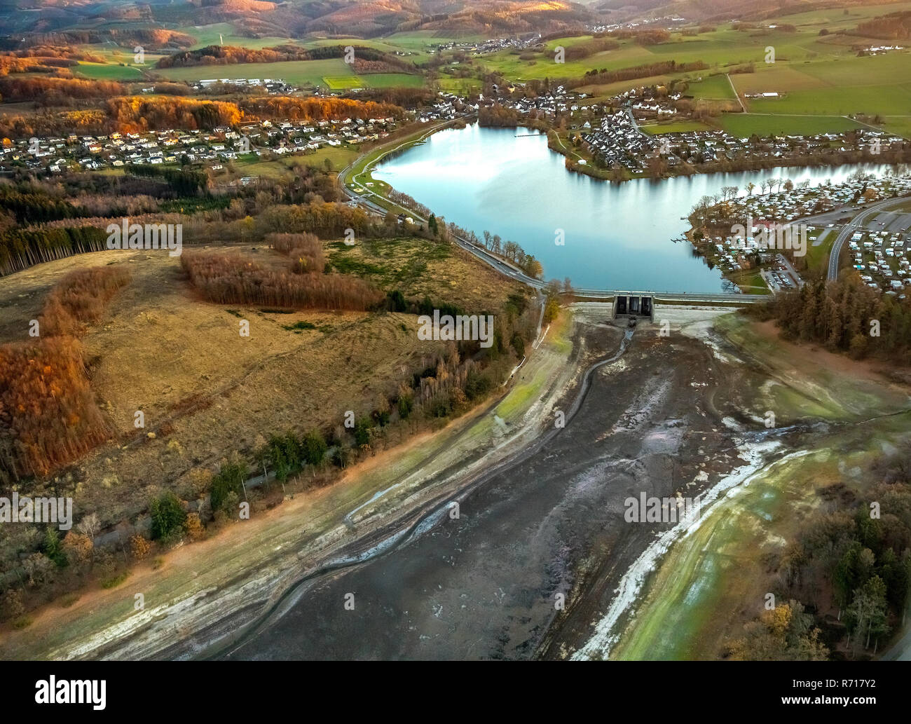 Aerial view, Sorpesee reservoir, Sorpetalsperre, low water level, low water, Hochsauerlandkreis, Sauerland Stock Photo