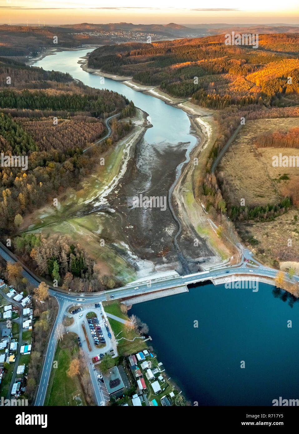 Aerial view, Sorpesee reservoir, Sorpetalsperre, low water level, low water, Hochsauerlandkreis, Sauerland Stock Photo