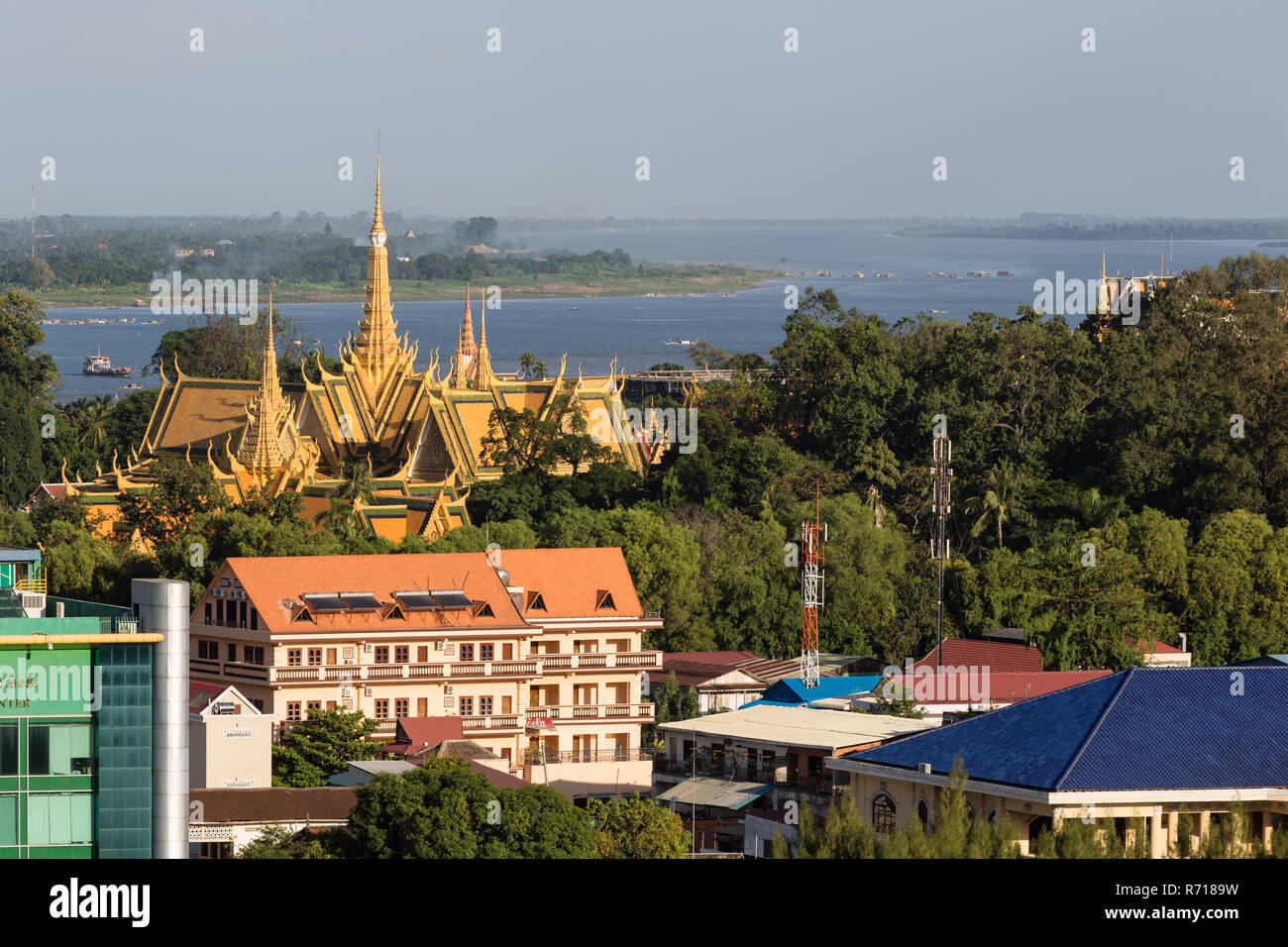 View on the Royal Palace, the Tonle Sap River and the Mekong, cityscape, Phnom Penh, Cambodia Stock Photo