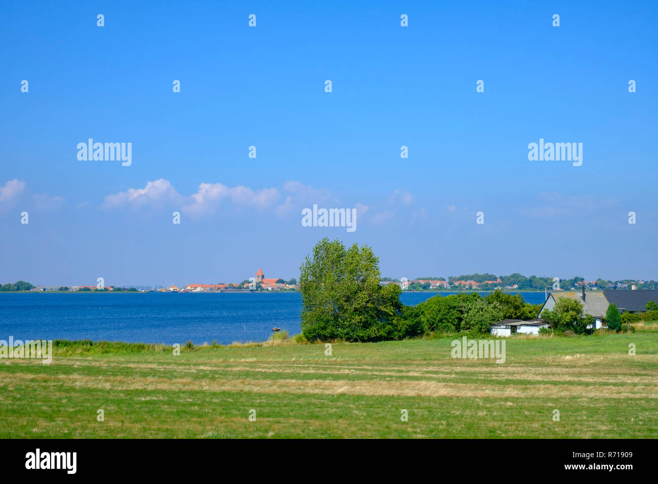 View over Stege Nor Lake to the town of Stege, the main place on Moen Island, Denmark. Stock Photo
