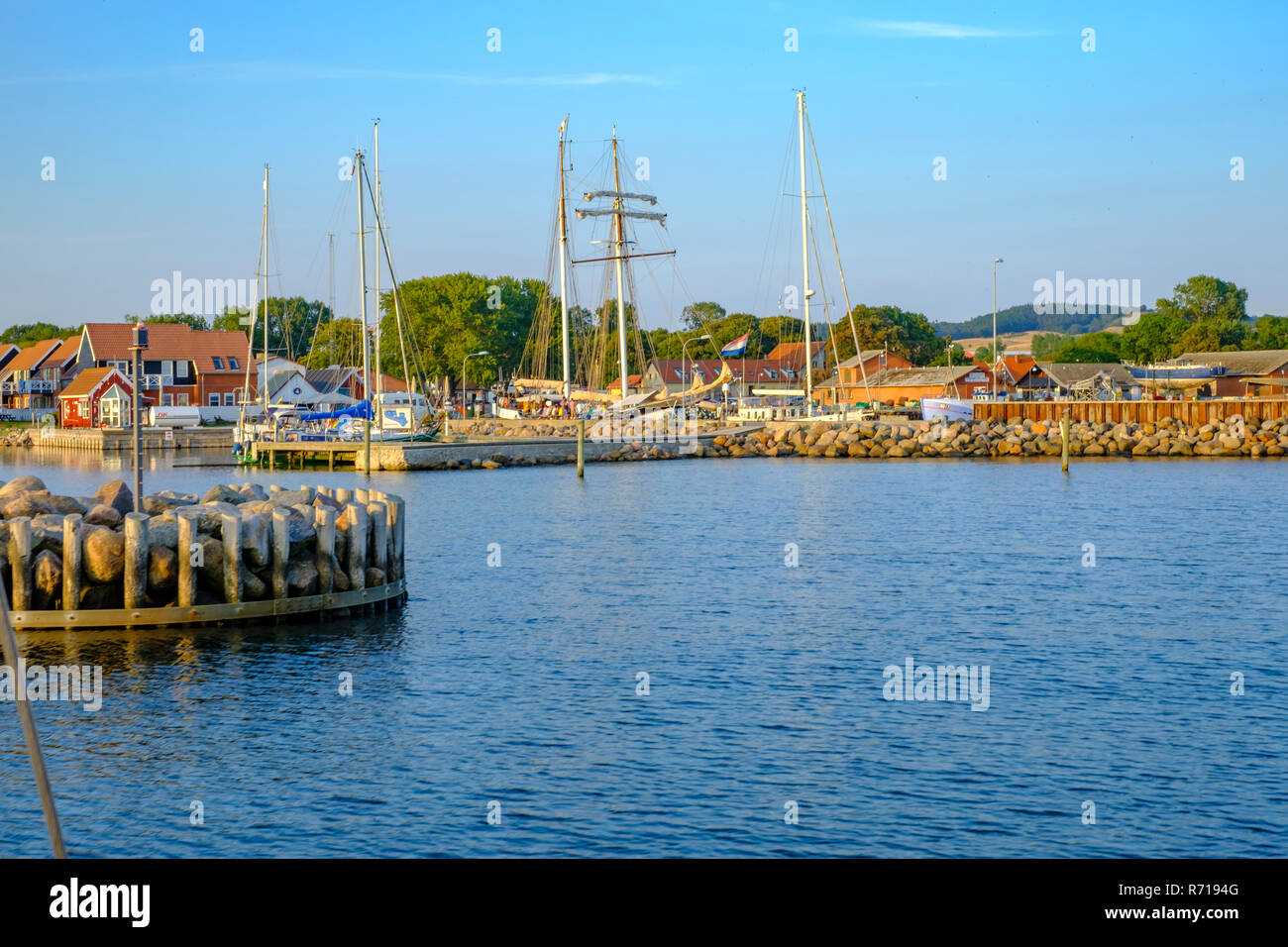 Maritime atmosphere in the port of Klinholm Havn, Moen Island, Denmark, Scandinavia, Europe. Stock Photo
