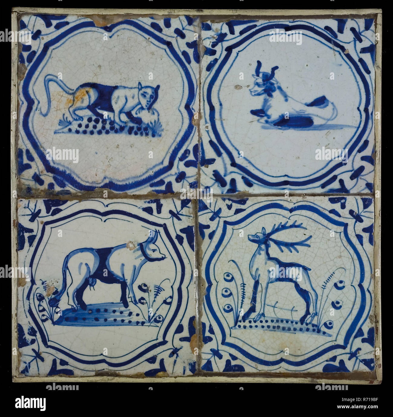 Square tile field, four tiles, animal decor, blue on white, cat-like, two cows and deer, in accolade, corner motif, tiled field wall tile tile sculpture ceramic earthenware glaze tin glazing, baked 2x glazed painted Stock Photo
