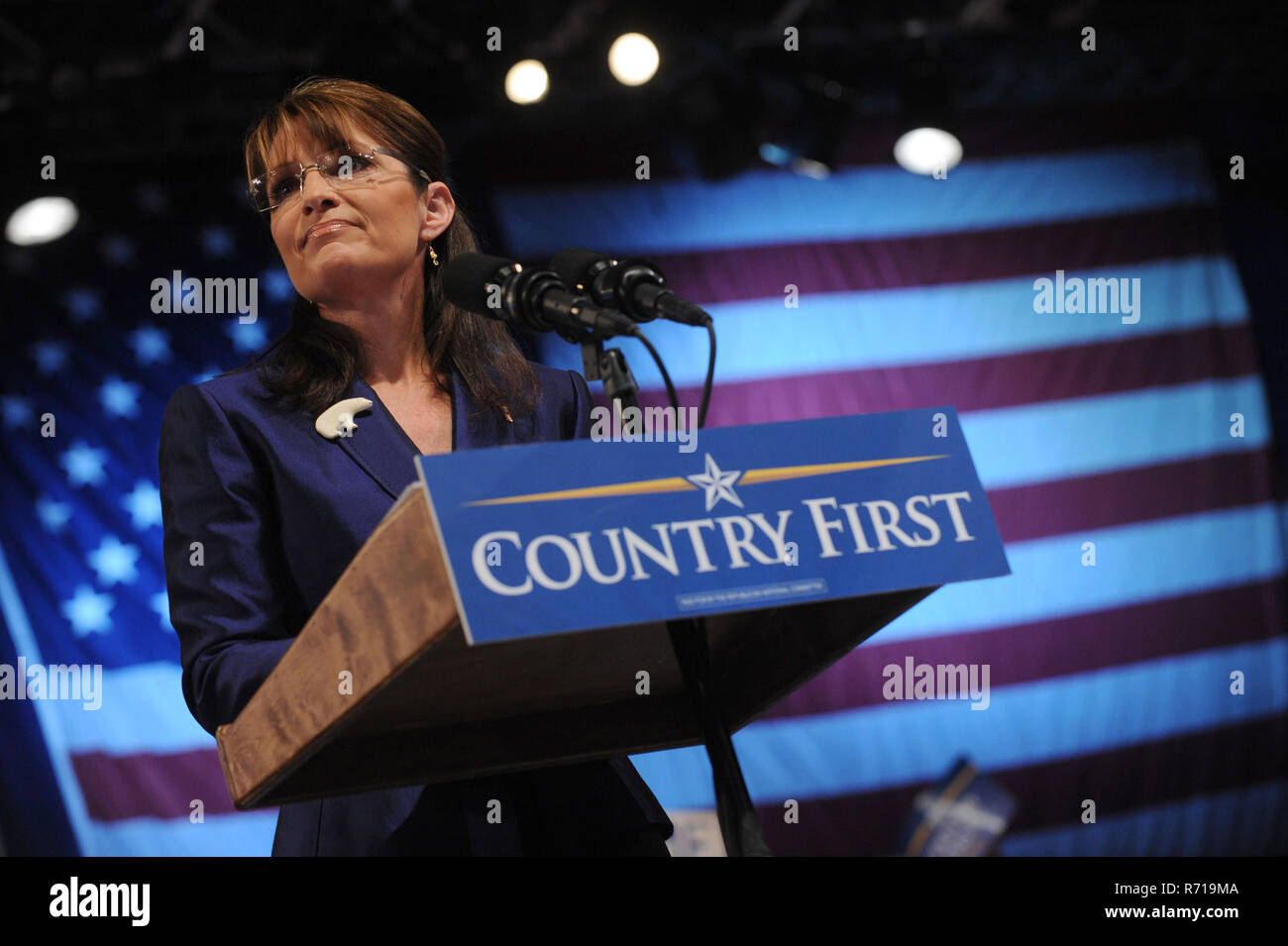 Sarah Palin addresses supporters at the Road to Victory Rally at the Riverfront Sports Complex in Scranton, Pennsylvania. October 14, 2008.  Credit: Dennis Van Tine/MediaPunch Stock Photo