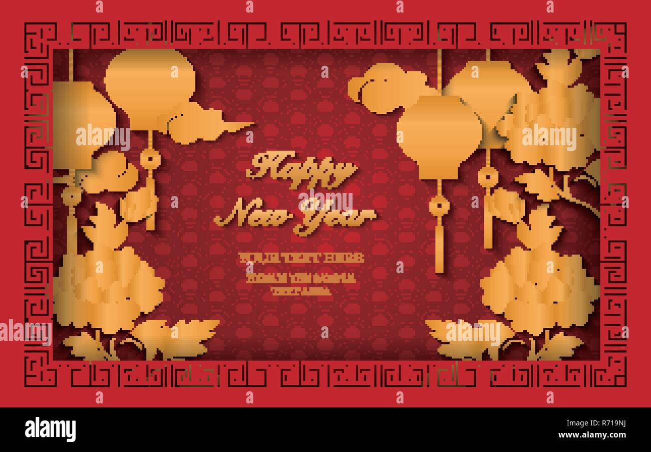 Happy Chinese new year retro gold relief lantern peony flower cloud and ...