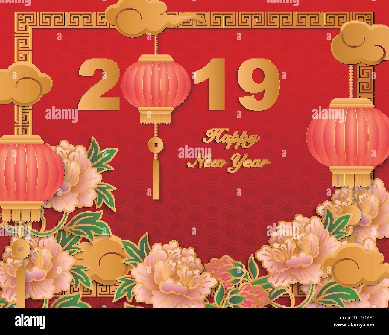 Happy Chinese new year 2019 retro gold relief peony flower lantern and ...