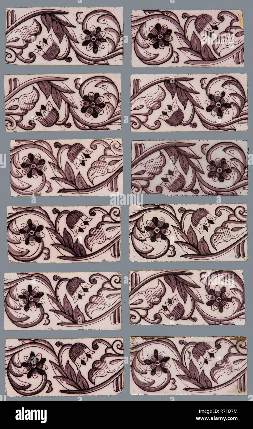 Twelve purple borders, with flowers, edge tile wall tile tile sculpture ceramics earthenware glaze, baked 2x glazed painted Rotterdam Hillegersberg-Schiebroek Hillegersberg Noord Grindweg 19 Rotterdam Stock Photo