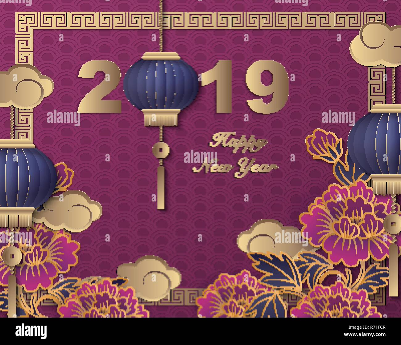 Happy Chinese new year 2019 retro gold purple relief peony flower lantern and lattice ...1300 x 1120