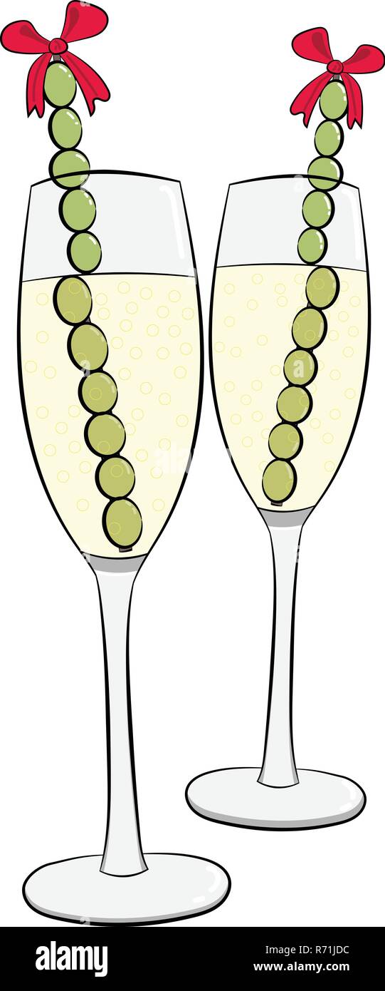 Spanish New Year. Two cups of champagne with grapes. Spanish New Year's