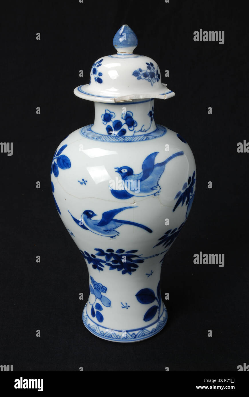 white vase with blue branches flowers and birds vase cover vase tableware holder ceramic porcelain enamel baked painted glazed cabinet set 1 4 elongated baluster shaped body with neck bell shaped lid with onion shaped knob decorate home interior image