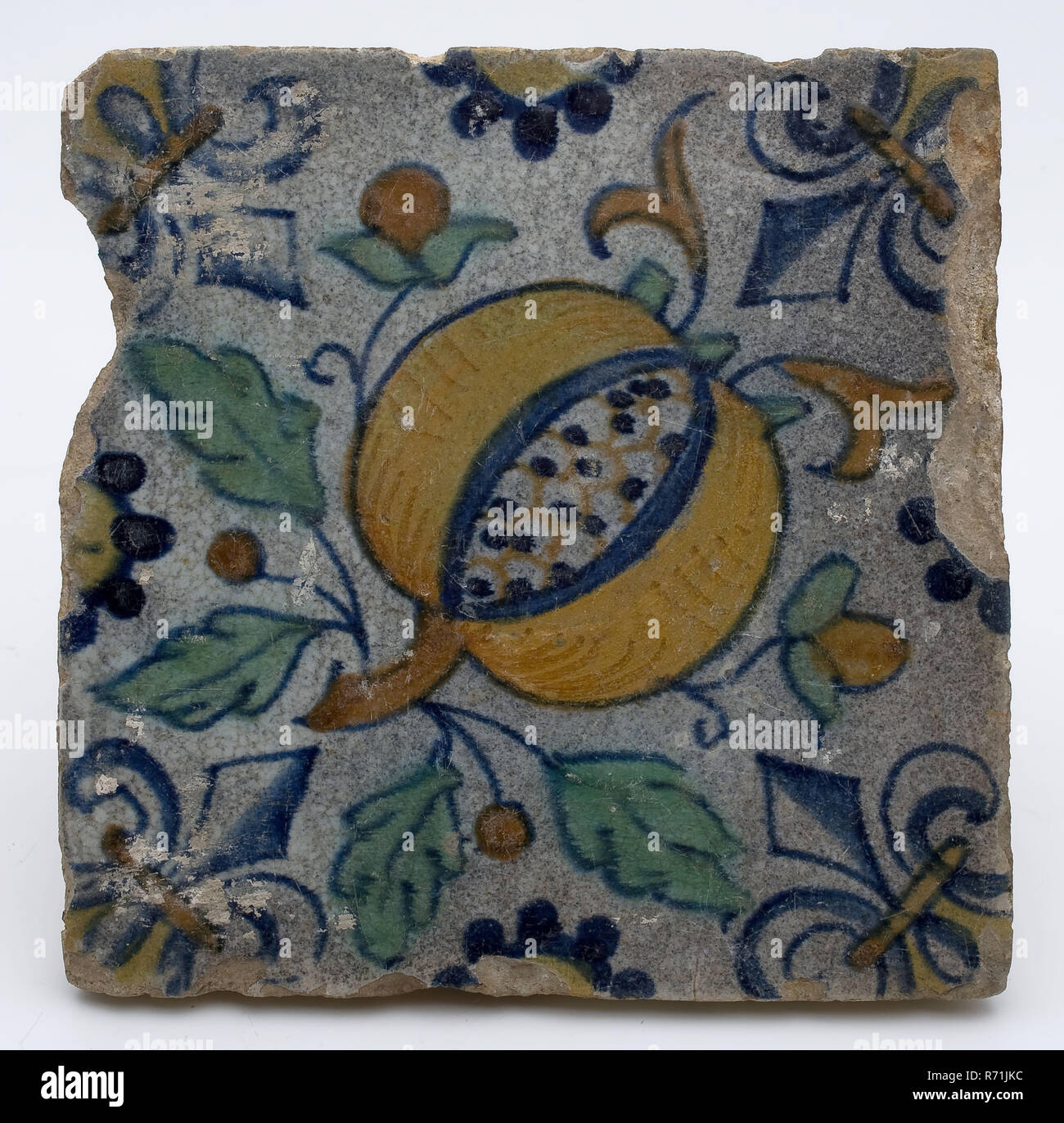 Tile With Polychrome Pomegranate Fleur De Lis As Corner