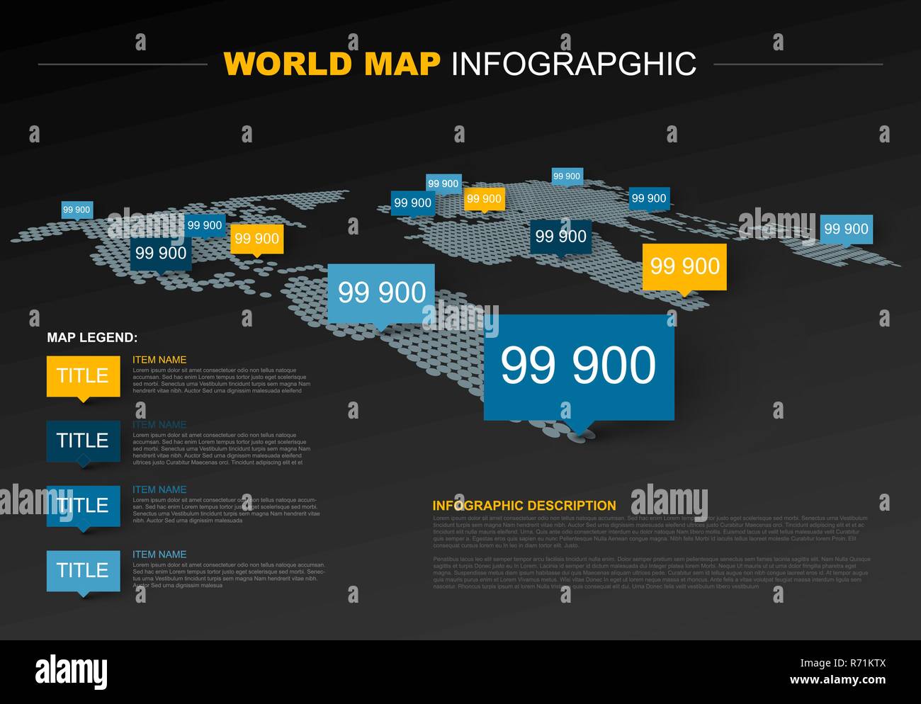 Dark World map infographic template with pointer marks, legend and ...