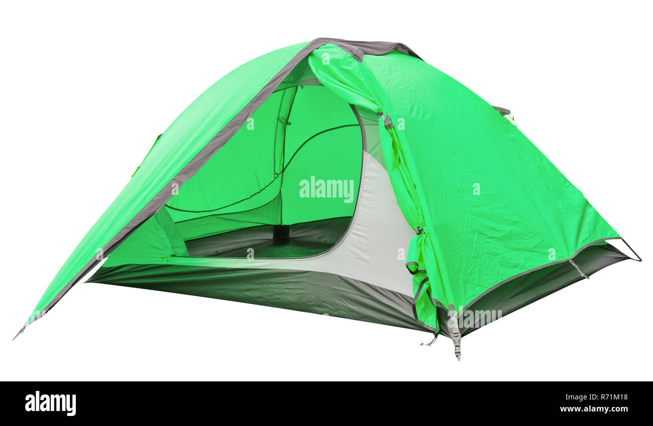 Green open tourist tent isolated on white background Stock Photo - Alamy