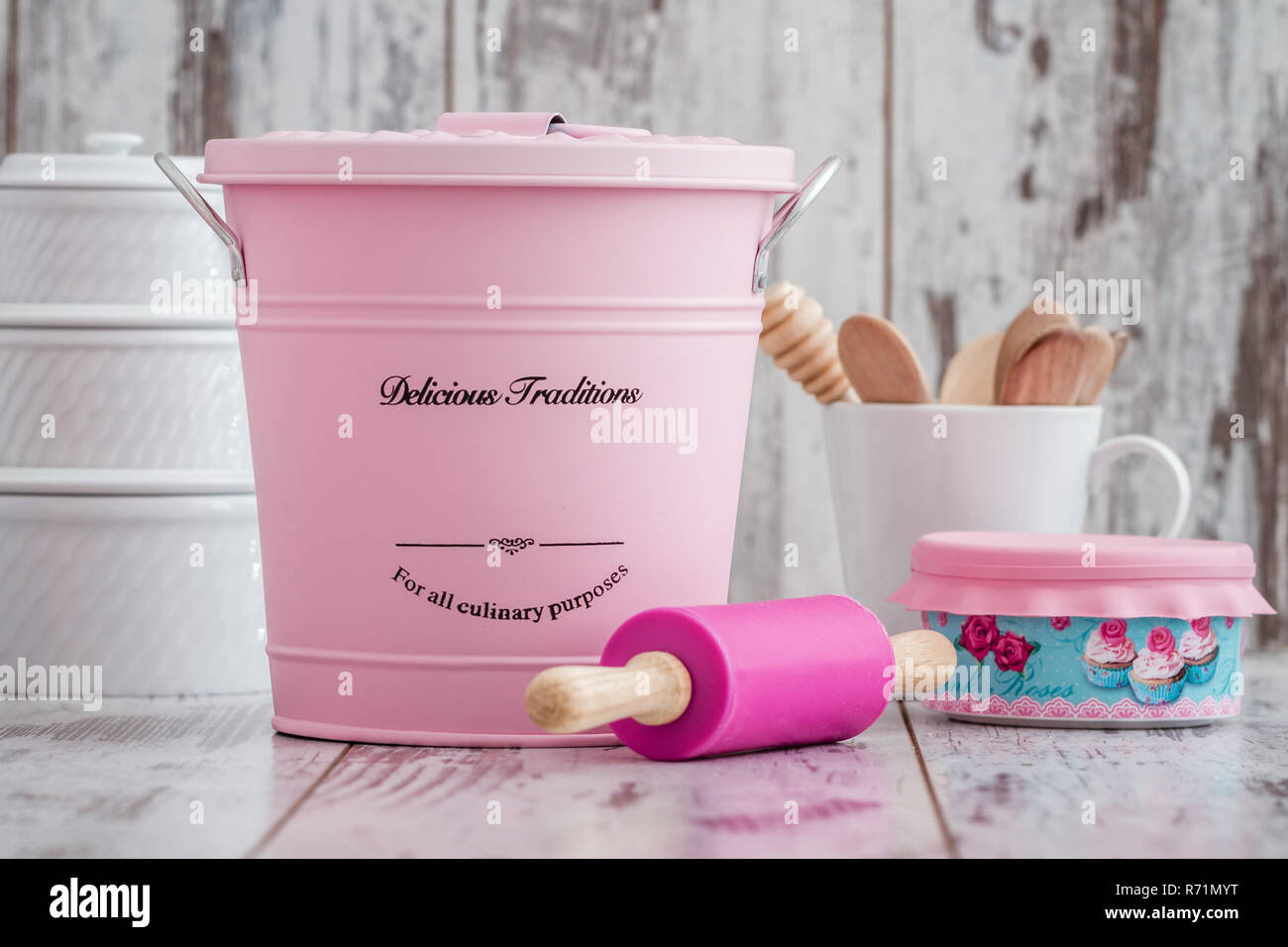 Vintage Colorful Potato Onion And Garlic Storage Containers on White