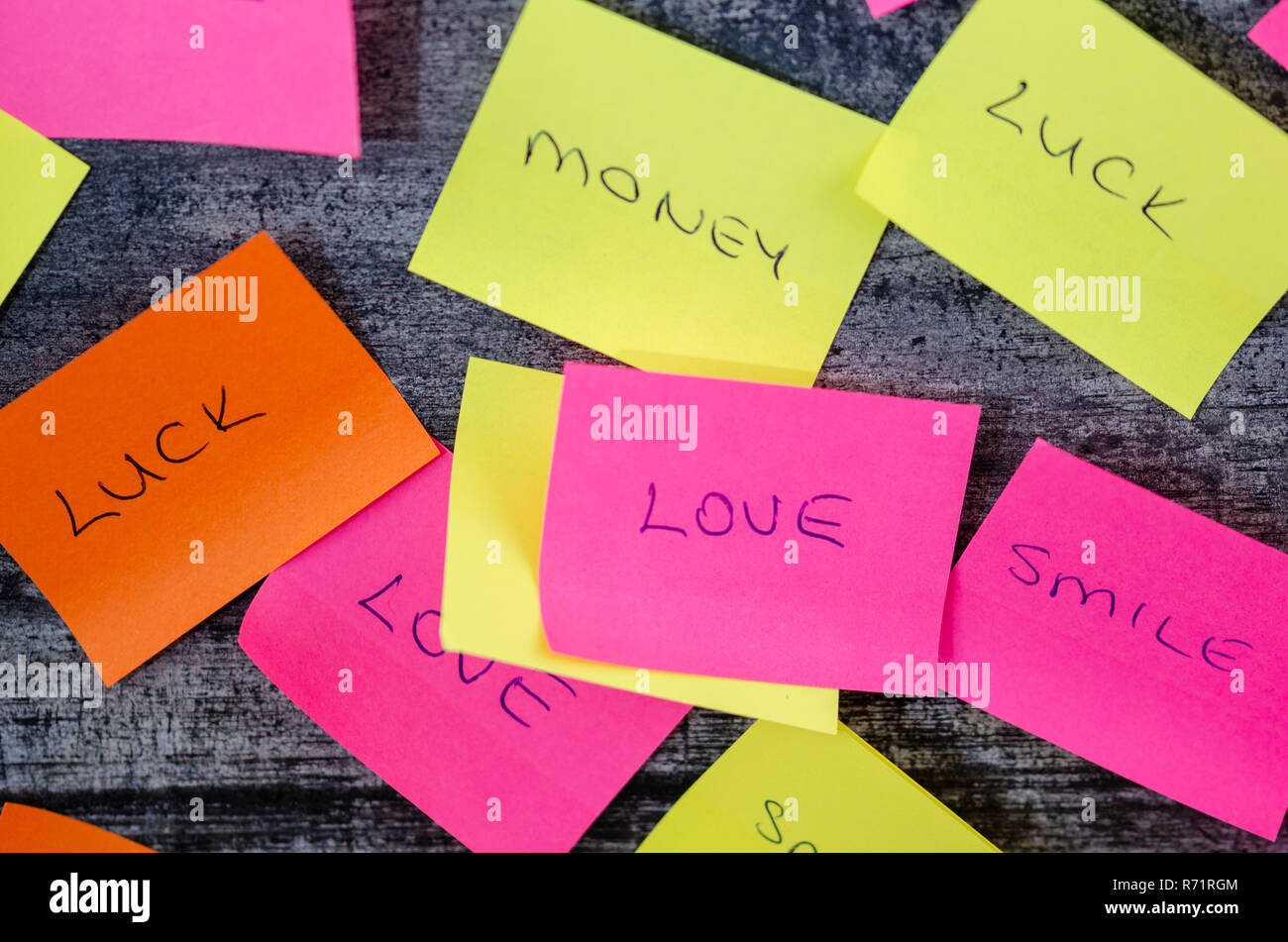 Good wishes are written on colorful note paper Stock Photo - Alamy