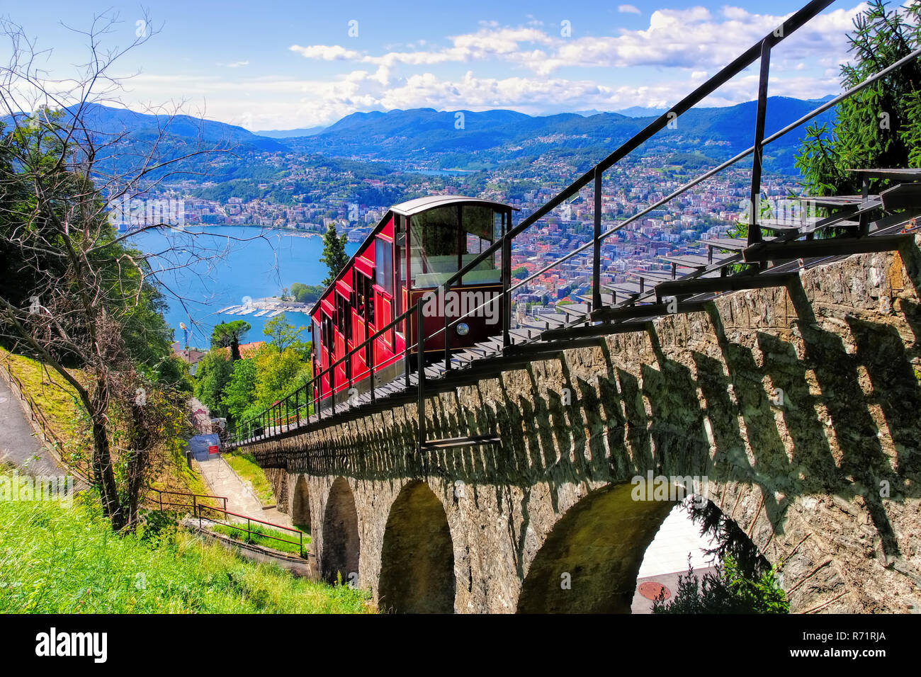 Lugano funicular to the Monte Bre and Lake Lugano, Switzerland Stock Photo