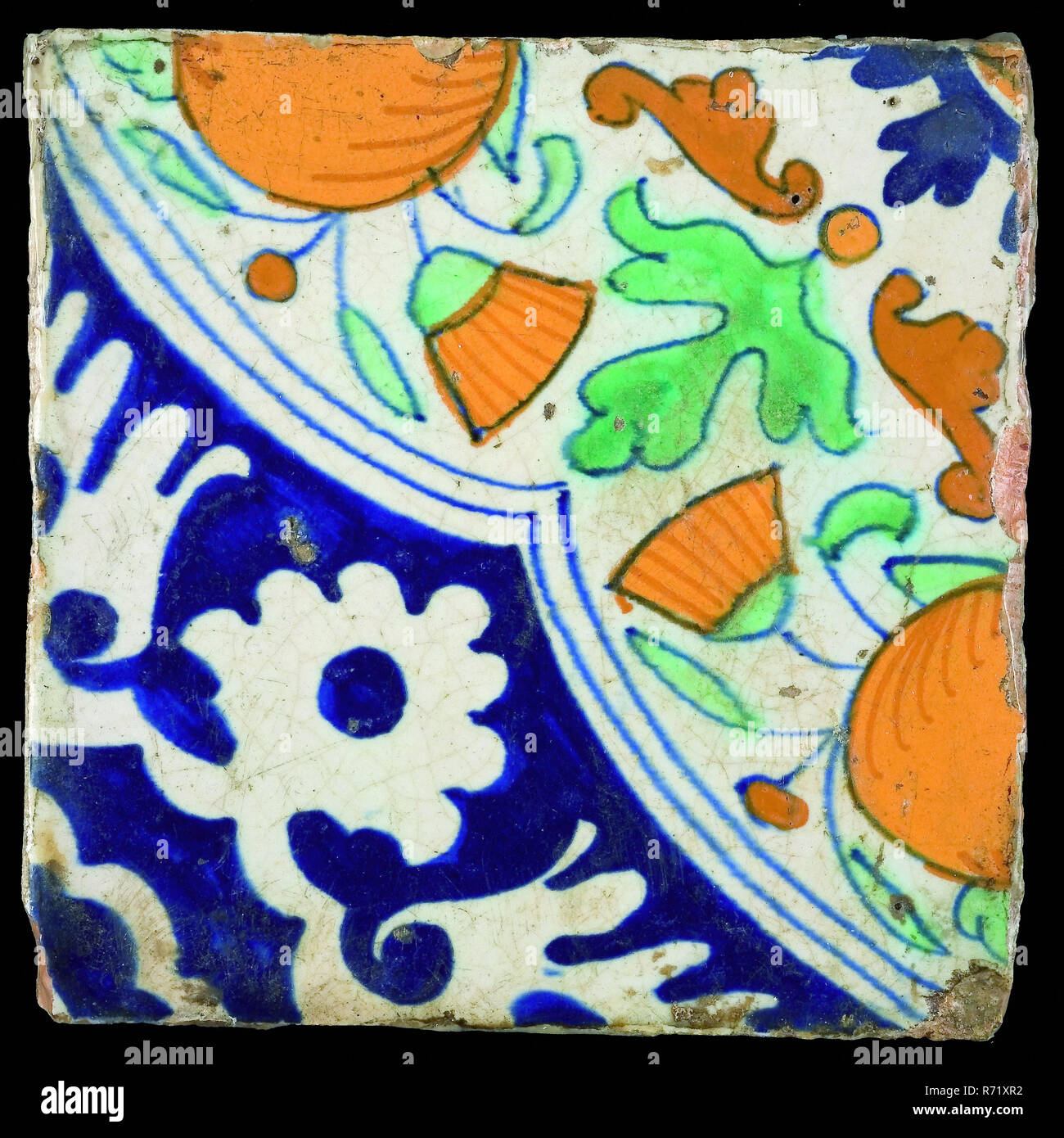 Polychrome Tile Orange Apples In Quarter Quad Wall Tile Tile Sculpture Ceramics Pottery Glaze Tin Glaze Lead Glaze In Form Made Baked Glazed Painted Baked Tile Orange Apples In Quarter Quad Diagonally