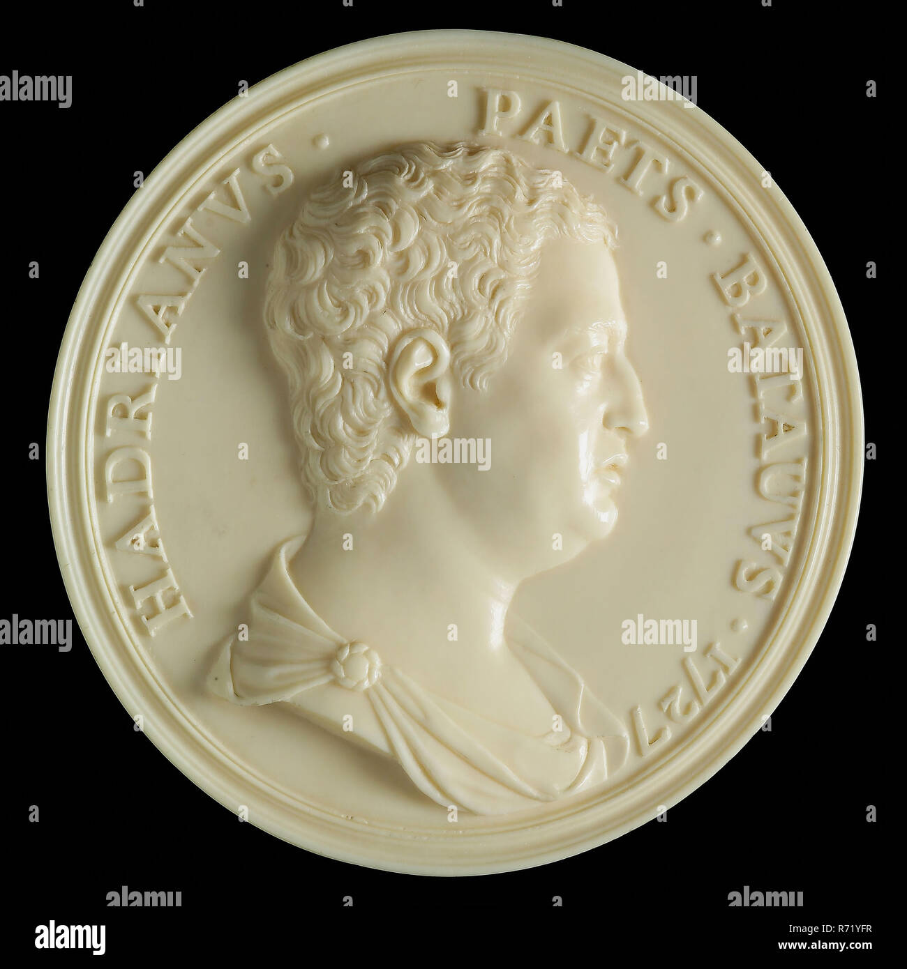 Portrait medallion Adriaen Paets (1697-1765), medallion ivory, right-reanimated bust Adriaan Paets, HADRIANVS. - PAETS BATAVUS 1727 (roundabout) Rotterdam board director Dutch East India Company VOC VOCR Originating from the collection of H.K.H. princess Marianne of the Netherlands which collection was auctioned in Amsterdam in 1933. Stock Photo