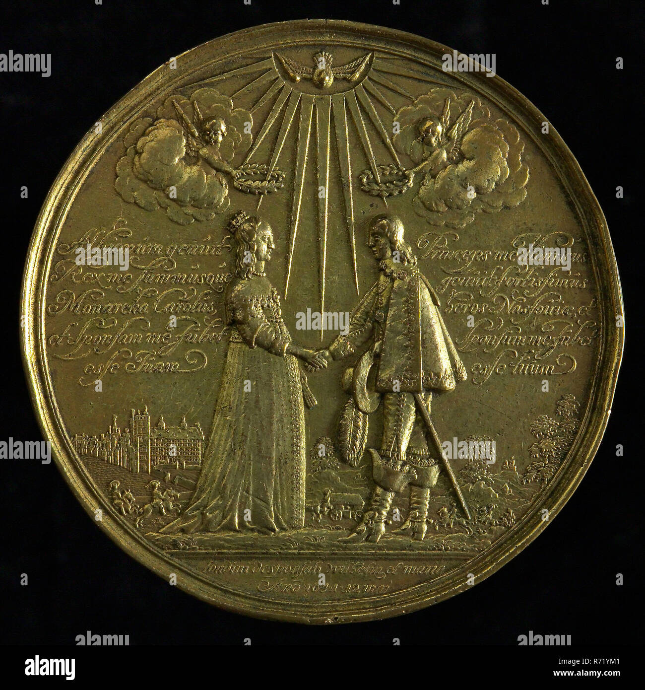 J. Blum, Medal on the wedding of Prince William II and Mary of England, wedding medal medallion medal brass, the bridal couple reaches out to each other in the background the Vijverberg in The Hague Text in the field on the right and in the cut, Princeps me henricus genuit fortissimus heros Nassaviae et sponsum me jubet esse tuum (Prince Henry the wave hero of Nassau has cultivated me and arranged for your bridegroom) Albionum genuit Rex me summsque Monarcha Carolus et sponsored me jubet esse tuam (The King of the English and supreme prince Karel has cultivated me and arranged for your wide )  Stock Photo