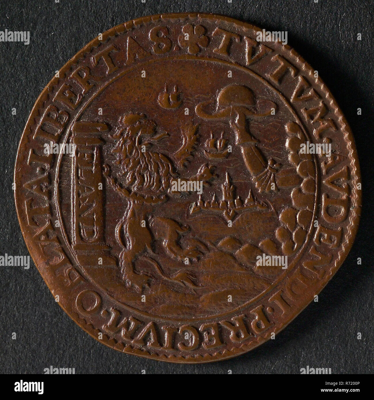 Medal on the peace proposals and the battle at Nieuwpoort, jeton utility medal medal exchange buyer, Flemish lion bound to column on which FLAND refuses to offer him freedom hat omschrift: TVTVM. AVDENDI. PRECIVM. OBLATA. LIBERTAS (the offered freedom is safe reward to take the plunge) Oldenbarnevelt Stock Photo