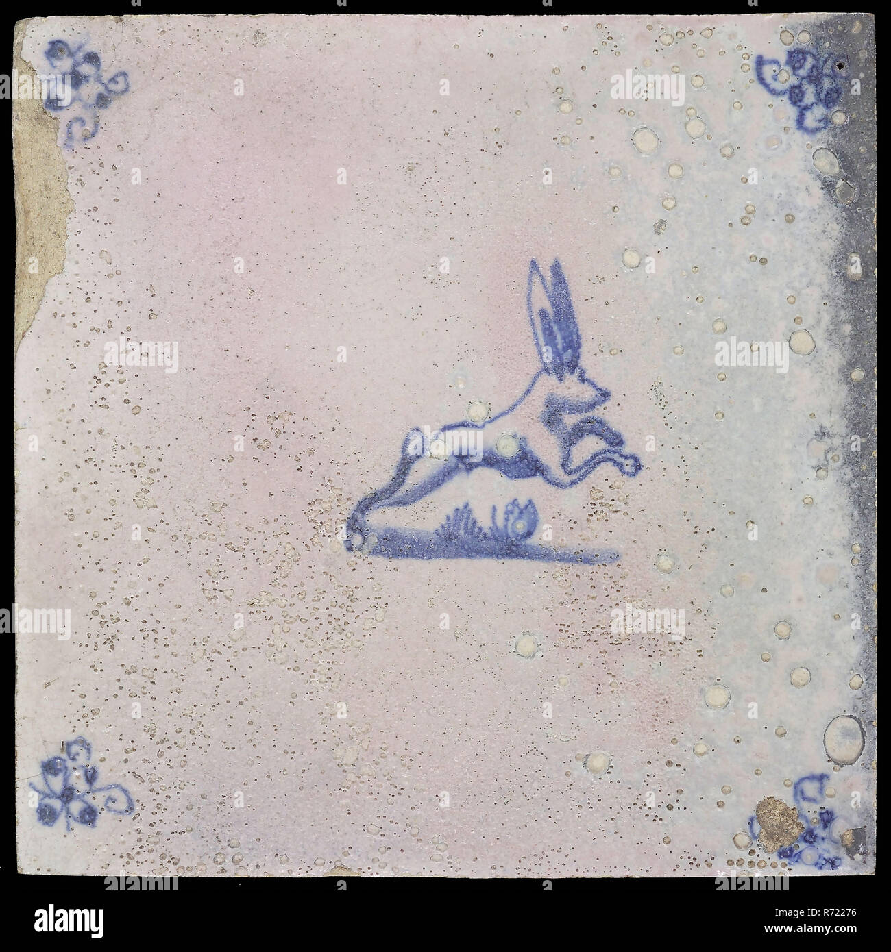 Animal tile, jumping rabbit, blue decor on white background, corner ...