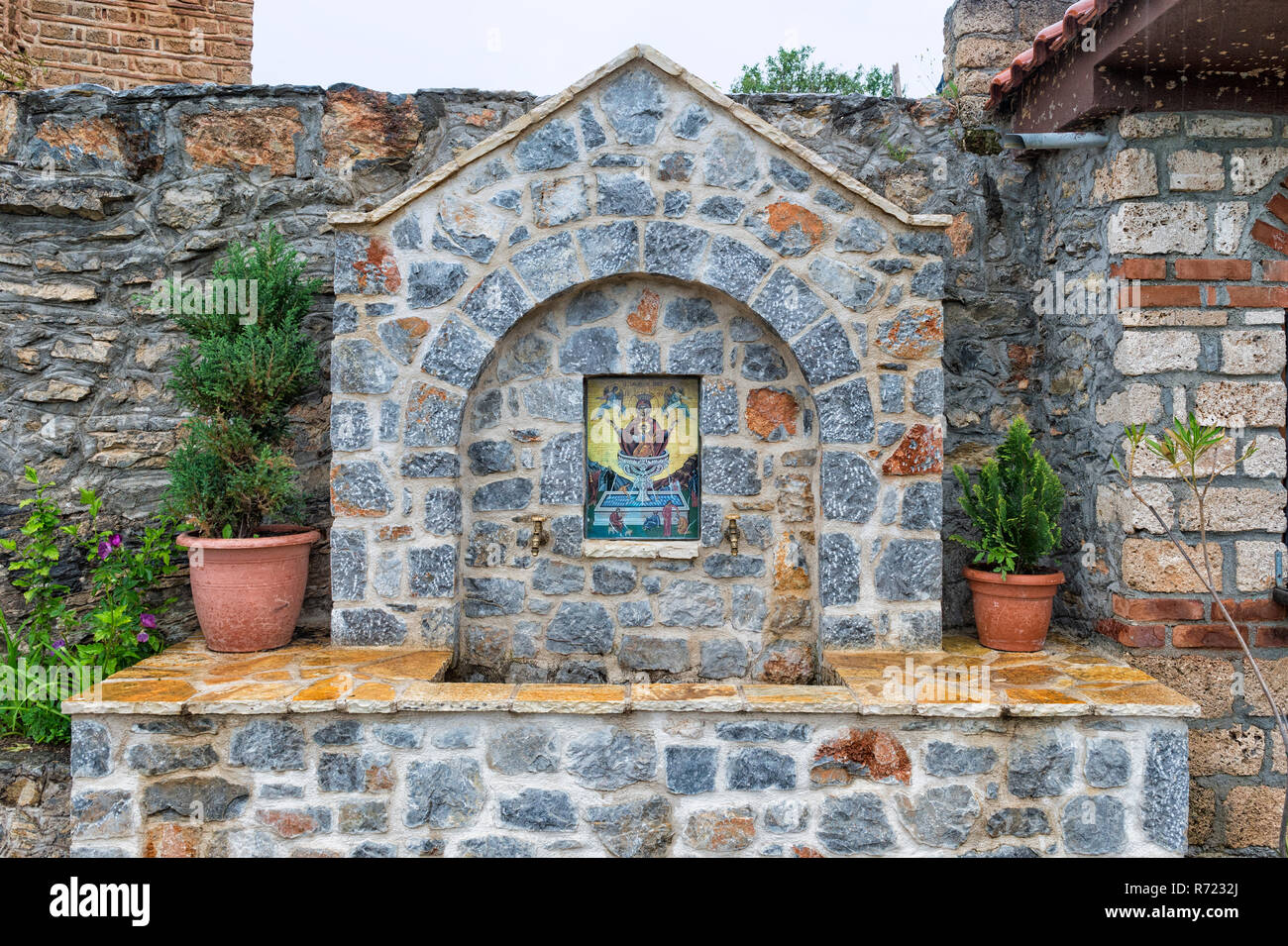St John Theologian-Kaneo Church, Fountain, Ohrid lake, Macedonia Stock Photo