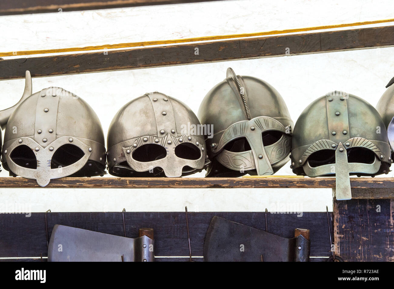 Medieval knights helmets in a tent at Tewkesbury medieval festival 2016, England Stock Photo