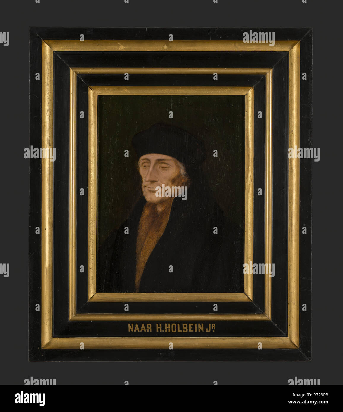 after: Hans Holbein de Jonge, Portrait of Desiderius Erasmus, portrait painting footage wood oil panel, Portrait rectangular portrait of man representing Desiderius Erasmus (1467? -1536) From left seen not seen Baret gown with fur edge upper right: Image (. ..) Roterodam AD (false signature Alwecht Dürer) Rotterdam Erasmus humanist Hans Holbein According to old tradition (but not sustainable at the moment) as gift from the city of Basel to Rotterdam in 1532. It is certain that it is from the old town hall on the Kaasmarkt in 1849 has been transferred to Museum Boymans. Stock Photo