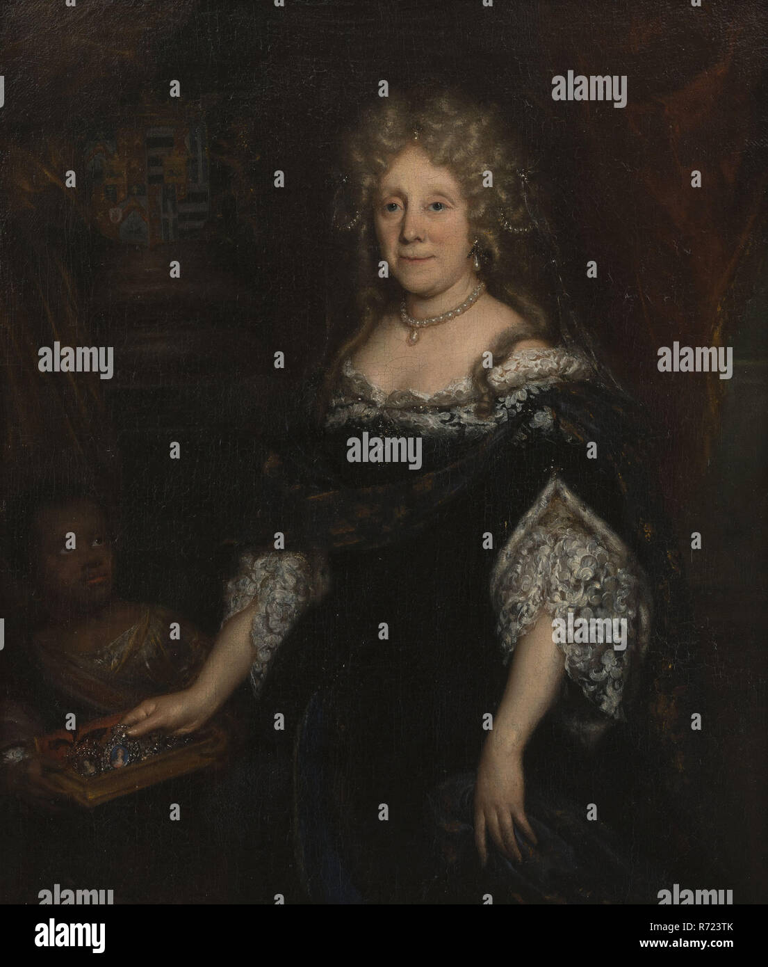 David van der Plaes (Amsterdam 1647 - Amsterdam 1704), Portrait of Margaretha Raephorst (1625-1690), portrait painting footage linen oil painting, Standing rectangular portrait of woman representing Margaretha van Raephorst wife of Cornelis Tromp (10546) Standing three quarters facing left. Hairstyle à la Hurluberlu pearls boat shaped décolleté trimmed with lace lace sleeves. On the left is 'negroid' child who gives her box in which number of portrait miniatures of which she holds one (depicting lady) in the right hand. Drapery column and balustrade in background. Top left coat of arms with ar Stock Photo