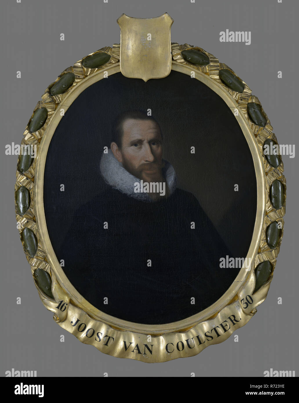 Pieter van der Werff, Portrait of Joost Adriaensz. Van Coulster (or: Colster) (? -1649), portrait painting footage linen oil painting canvas, Oval portrait of man representing Joost Adriaensz. van Coulster (? -1649), among others, founder of De Oranjeboom beer brewery and director of the VOC (1626-1636) Halfway face to face to the right. Short hair mustache and beard Millstone collar and dark robe Banderol on frame in black paint: 16 JOOST VAN COULSTER. 30 Dutch East India Company VOC Rotterdam Stadscentrum Stadsdriehoek Boompjes director beer Oranjeboom Kralingen This portrait originally hung Stock Photo