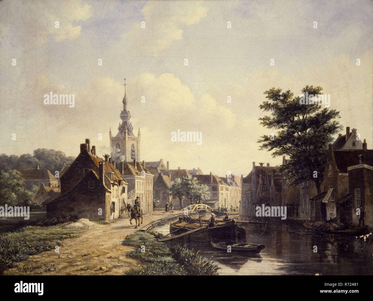 Jacobus van Gorkom jr., View of Overschie with left dike street and right canal, Rotterdam, village view painting footage linen paint oil paint wood gold plaster, Cityscape Overschie with the Schie on the right where barge and left the Kleinpolderkade with rider on horseback Cloth in ornamented gilded frame rectangular lying format lower left signature: Jacobus van Gorkom jr 1858 village view topography Overschie Schie Rotterdam Stock Photo