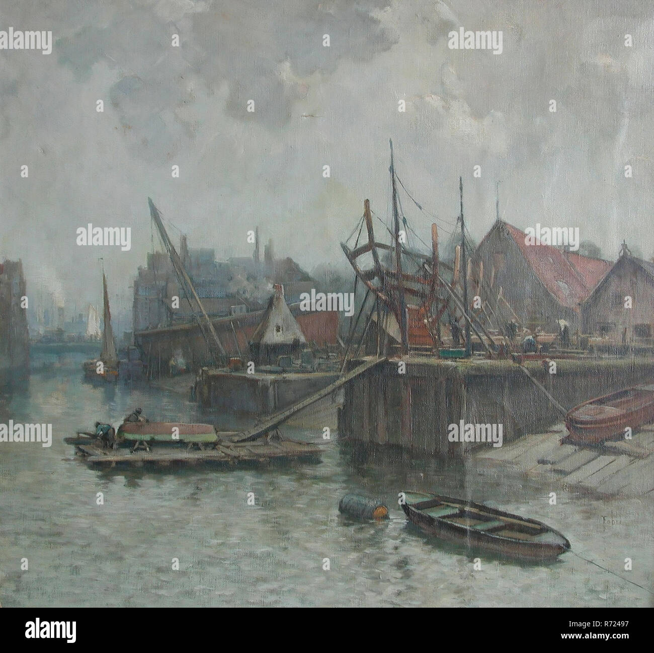 Willem Adrianus Fabri, View of the Zalmhaven, Rotterdam, cityscape painting material linen oil painting wood, Signature: Fabri cityscape topography Rotterdam Stadscentrum Stadsdriehoek Zalmhaven Stock Photo