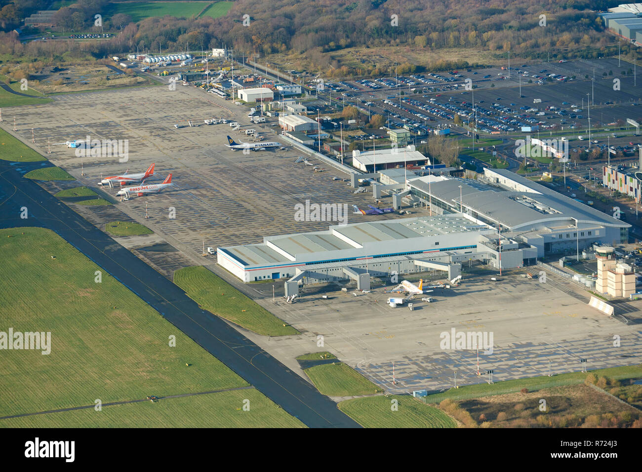 An aerial view of Liverpool John Lennon Airport, North West England, UK Stock Photo