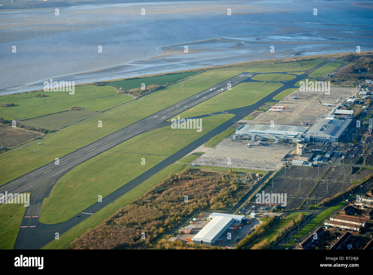 An aerial view of Liverpool John Lennon Airport, North West England, UK Stock Photo
