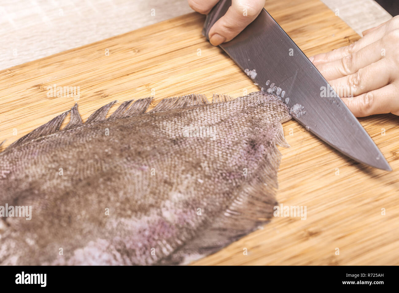 cook cutting fish flounder, female hands closeup Stock Photo Alamy