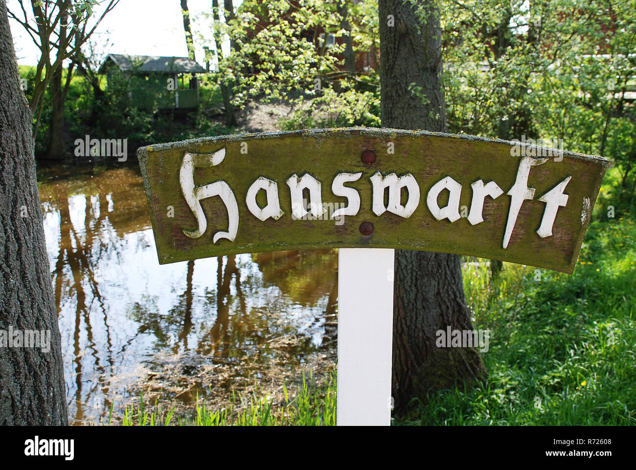 Sign of one of the 9 populated Warften on the island Hooge, Germany. The Halligen (singular Hallig) are ten small German islands Stock Photo