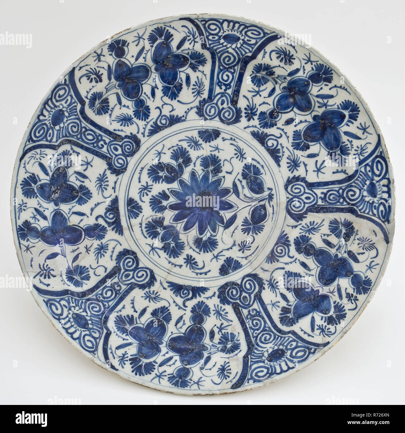 Faience Plate On Wide Stand Ring With Blue White Decor Flower