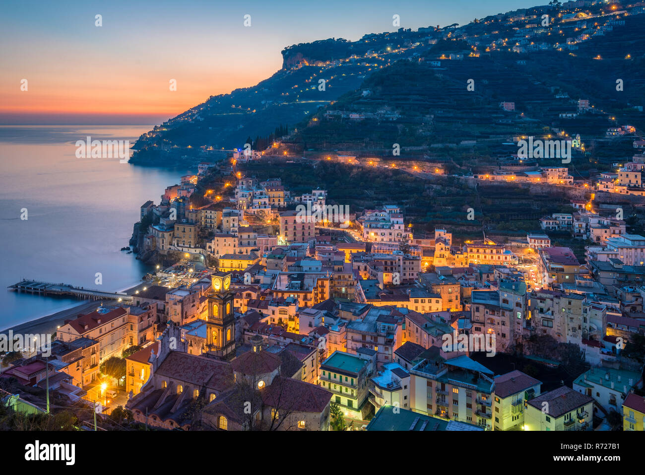 Sunset over Minori, on the Amalfi Coast in Campania, Italy Stock Photo ...