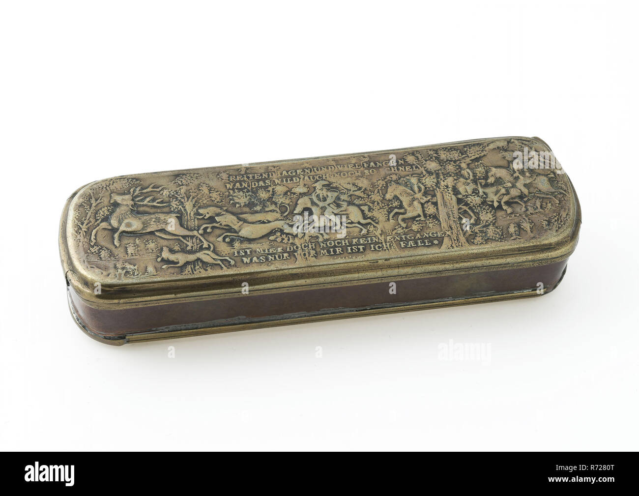metal tobacco box Copper tobacco box with face on Rotterdam and REITEND TAGEN UND VIEL FANGEN  ..., tobacco box holder metal copper brass, stamping technique inserted  Narrow box with flat hinged lid round corners raised